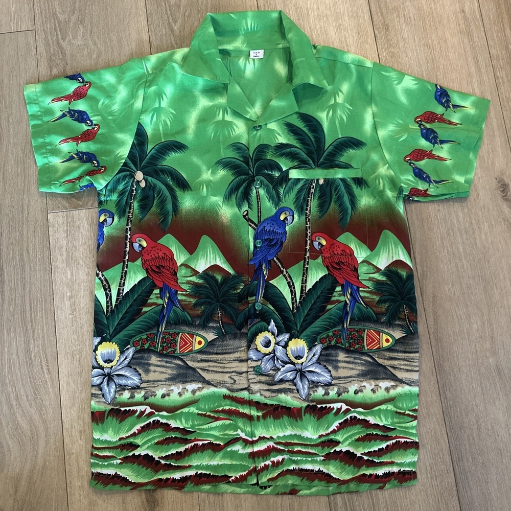 V.H.O Men's‎ Green Hawaiian Shirt Button Up Silky Feel Parrots Vibrant Colors Sm